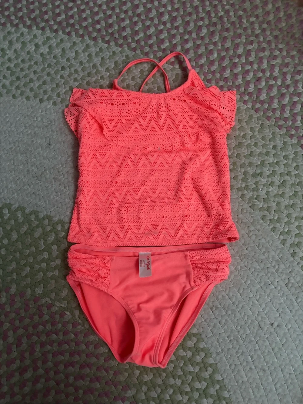 Cat & Jack Neon Coral Girls' Tankini One-Piece Swim Set